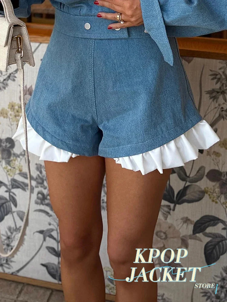Women Fashion Ruffle Patchwork Coat Shorts Suit Long Sleeve Lapel Crop Tops Lady Set 2026 Summer Autumn New High Street Wear