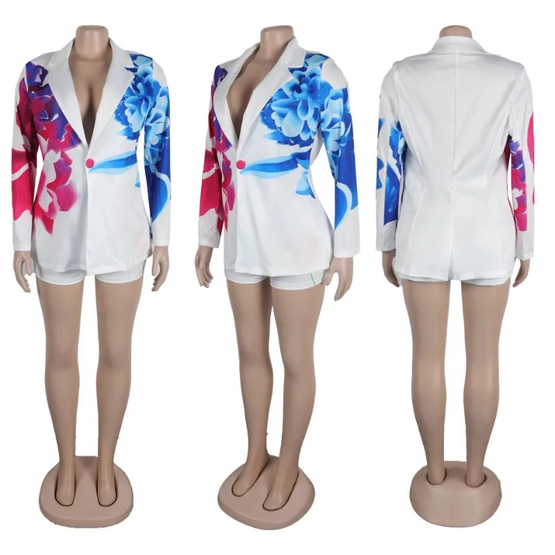 Floral Print 2 Piece Sets Women Outfit Y2K Clothes Elegant Blazer Coat and Short Suits Club Party Matching Sets Conjuntos Curtos