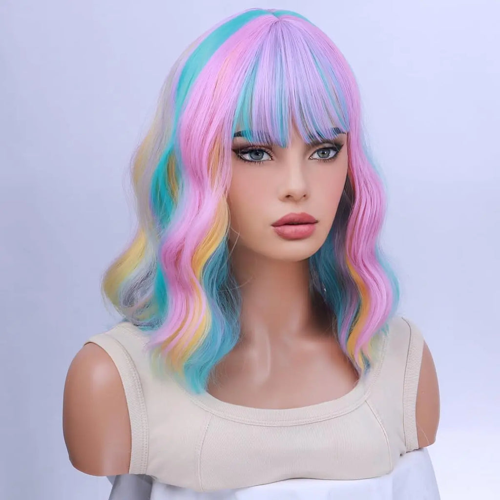 Women's Rainbow Short Curly Wavy Wig Multi-Color Bob with Bangs Heat-Resistant Synthetic Hair for Cosplay Costume Party