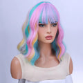 Women's Rainbow Short Curly Wavy Wig Multi-Color Bob with Bangs Heat-Resistant Synthetic Hair for Cosplay Costume Party