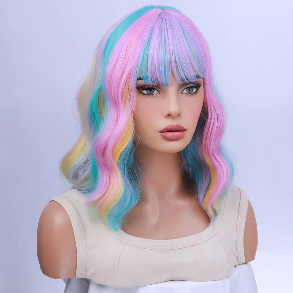 Women's Rainbow Short Curly Wavy Wig Multi-Color Bob with Bangs Heat-Resistant Synthetic Hair for Cosplay Costume Party