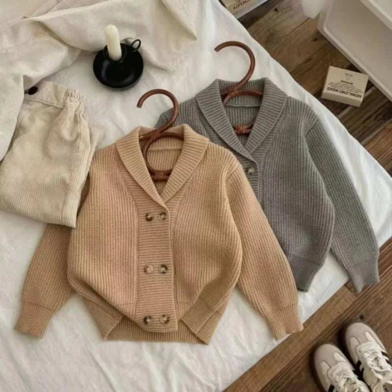 Knitted Cardigan Jacket for Children Autumn and Winter Korean Fashionable and Loose Double Breasted New Top for Boys and Girls