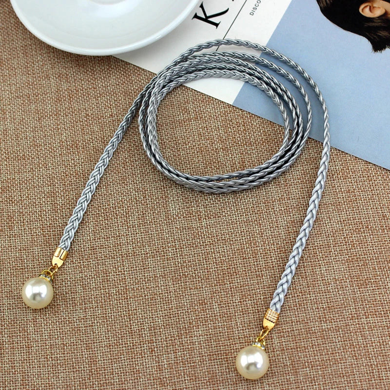 [F] Women Simple PU Leather Belt Boho Tassel Braided Self-Tie Belt Thin Waist Rope Belt