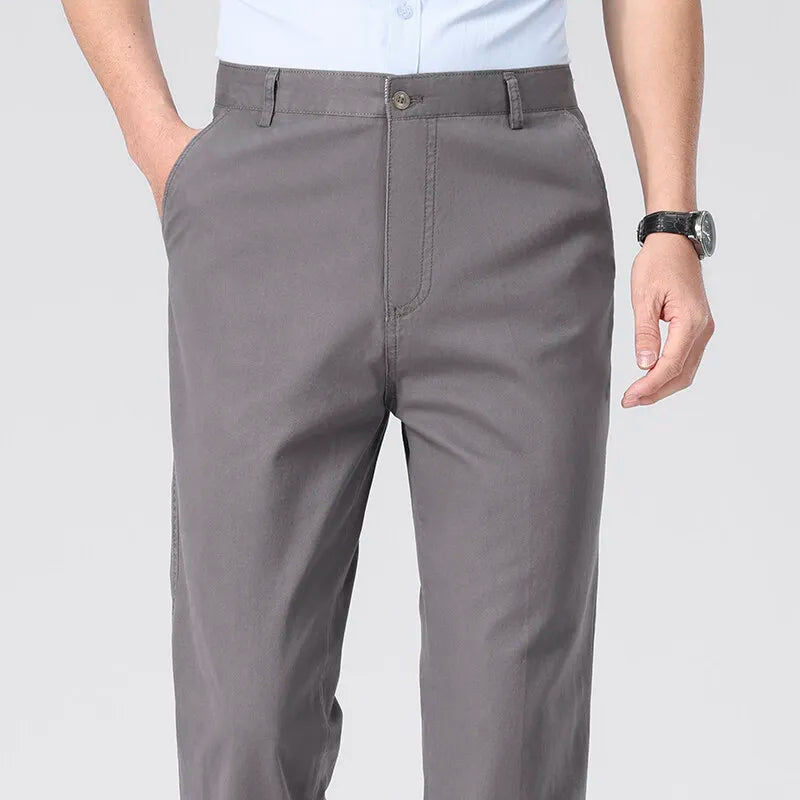 Spring Summer Cotton Suit Pants Men Solid Color Smart Casual Dress Trousers Man Lightweight Zipper Fly Straight Breathable Pants