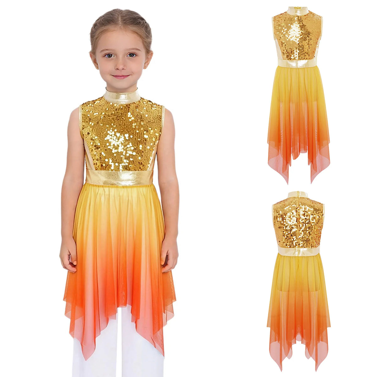 Kids Girls Modern Lyrical Dance Dress Liturgical Worship Praise Church Choir Robe Shiny Sequins Bodice Sheer Mesh Tunic Dresses