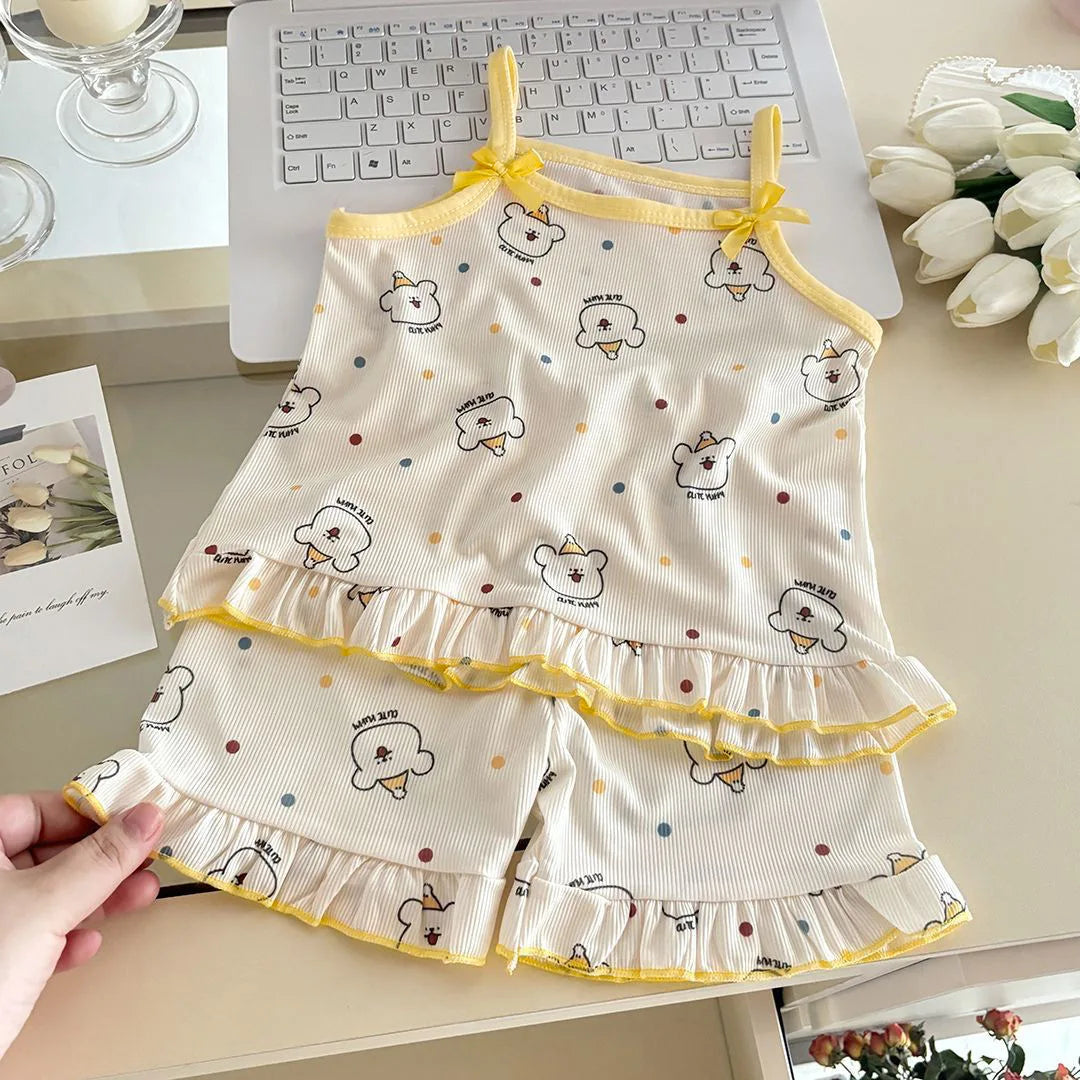 Ins Korean Style Toddler Girls Summer Pajama Set Sleeveless Bow Strap Design With Cartoon Floral Print Loose Casual Nightwear