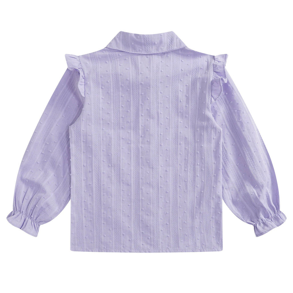 Kids Girls Shirts Spring Autumn Cotton Cute Lace Trim Collar Solid Color Puff Sleeve Bowknot Blouse Tops Casual School Uniform