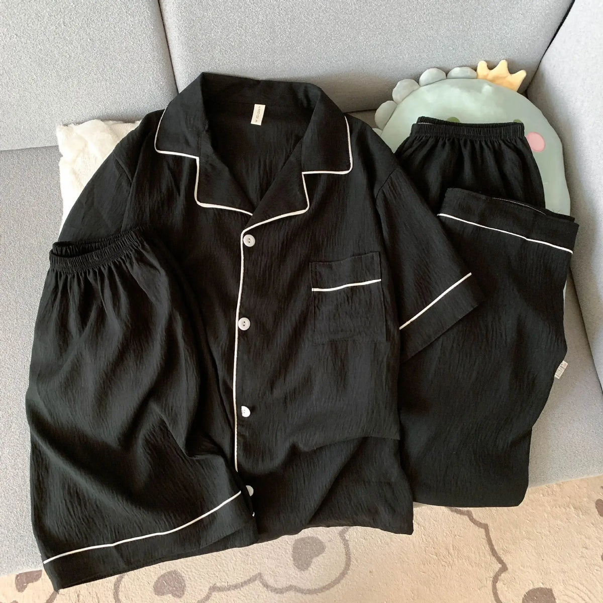 Men's Summer Short-Sleeve Pajamas: Simple, Solid-Color, High-Quality, Outerwear-Style 3-Piece Set; Youth Spring/Summer Pajamas