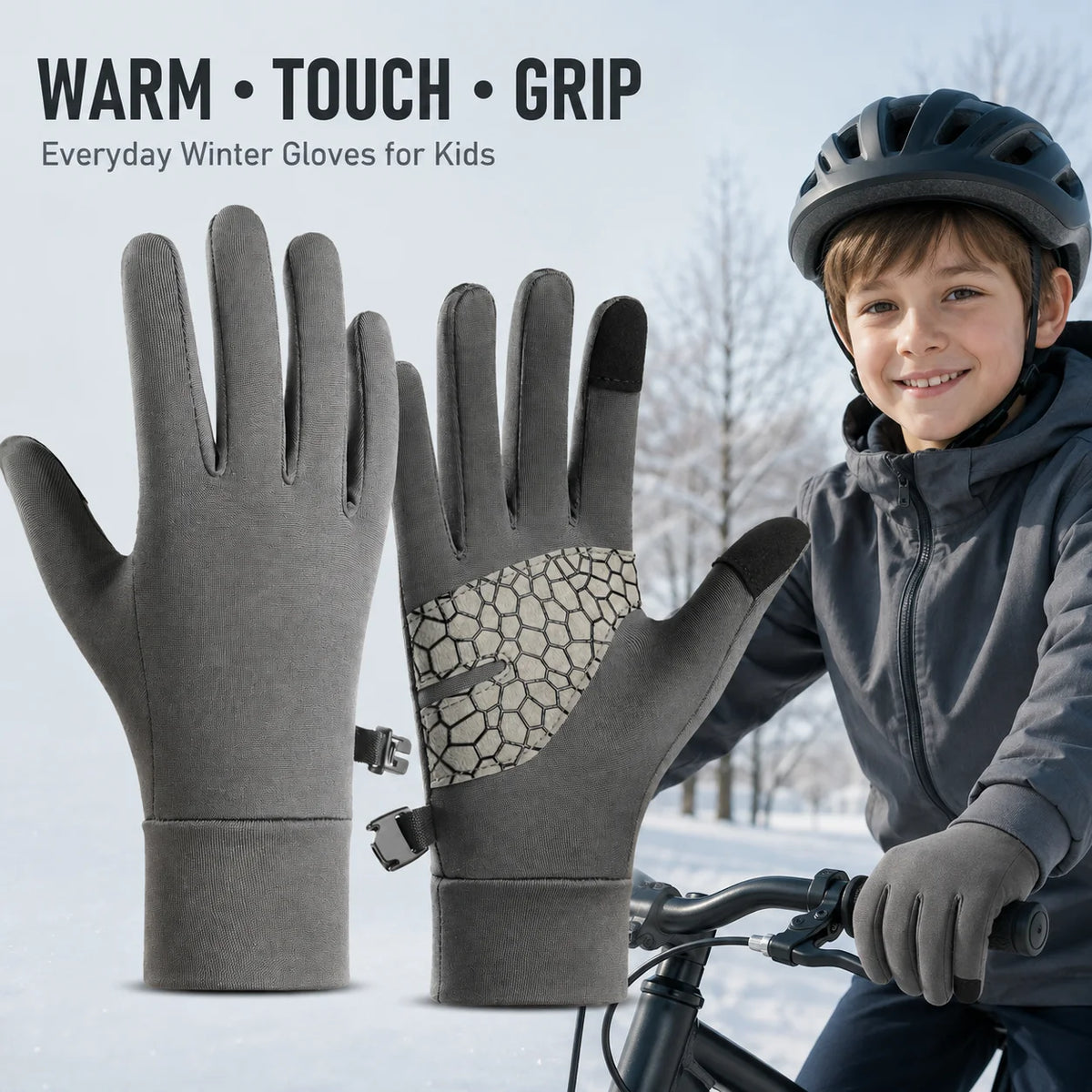 Kids Winter Touchscreen Gloves Warm Fleece Lined Anti Slip Silicone Palm Bike Gloves for Boys Girls Outdoor Cycling Sports