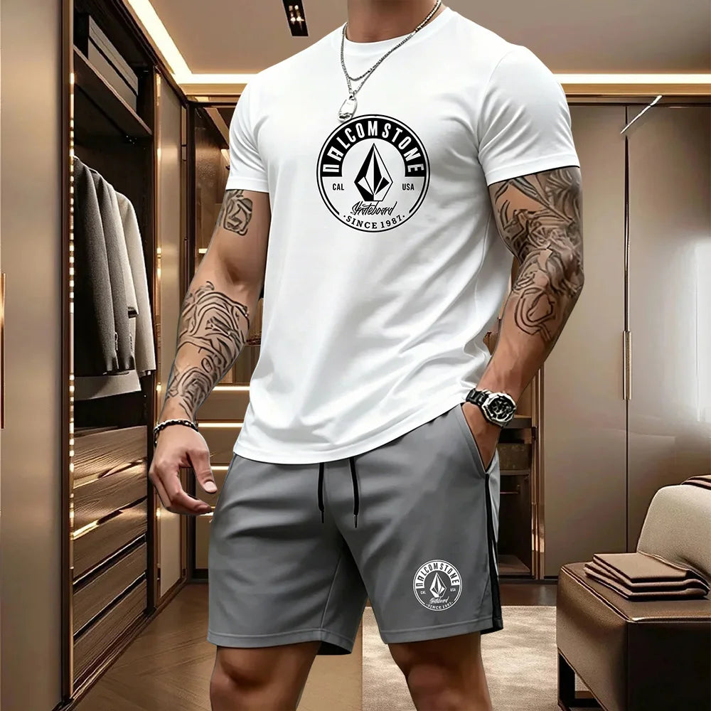 Men's Casual Sportswear 2-piece Set Classic Short Sleeved T-shirt+drawstring Pocket Shorts Street Skateboarding Outdoor Outfit