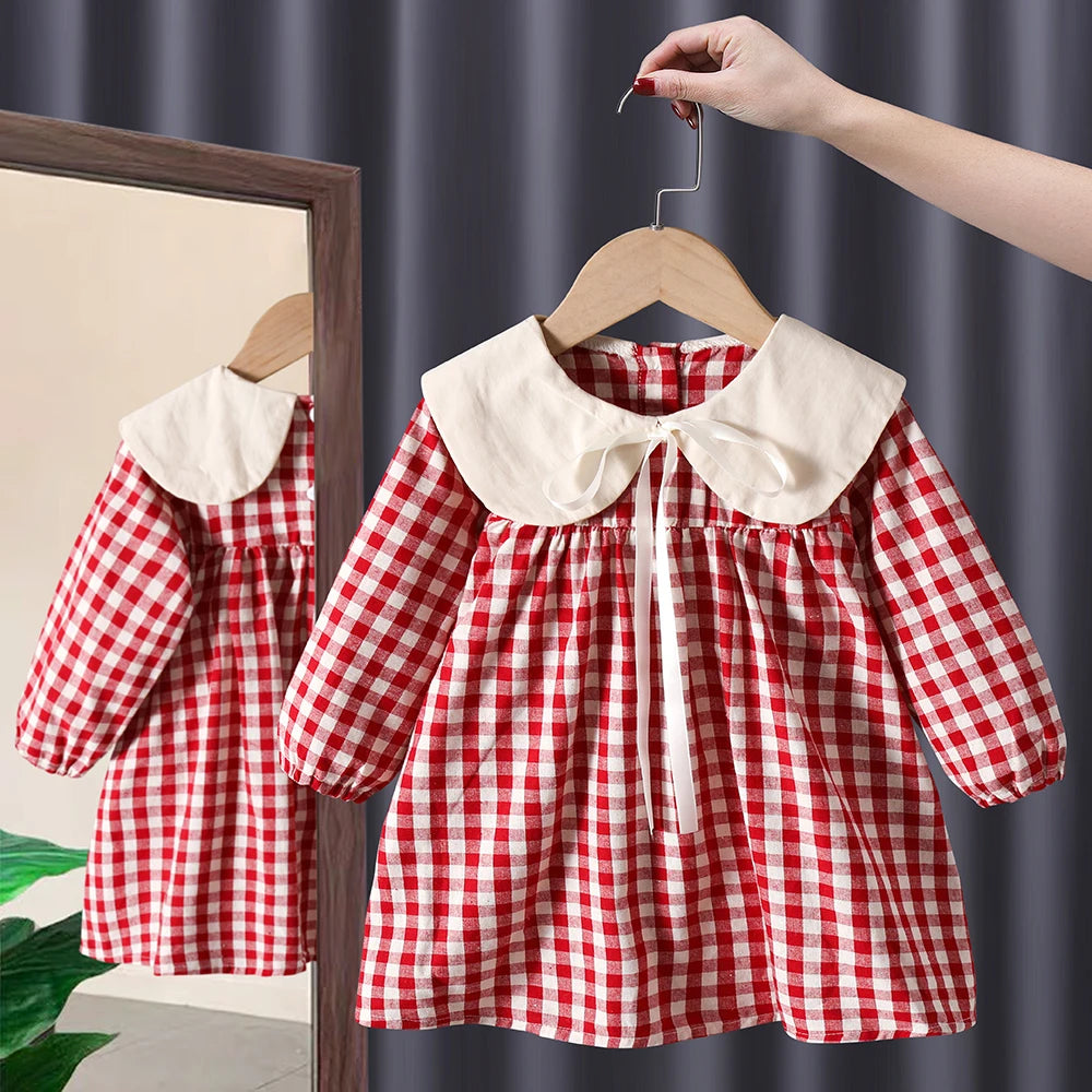 Spring toddler children  Girls' Clothing Korean Retro Dress costume For kids Girls' Clothes 1 2 3 4 5 6 T Birthday Plaid Dress