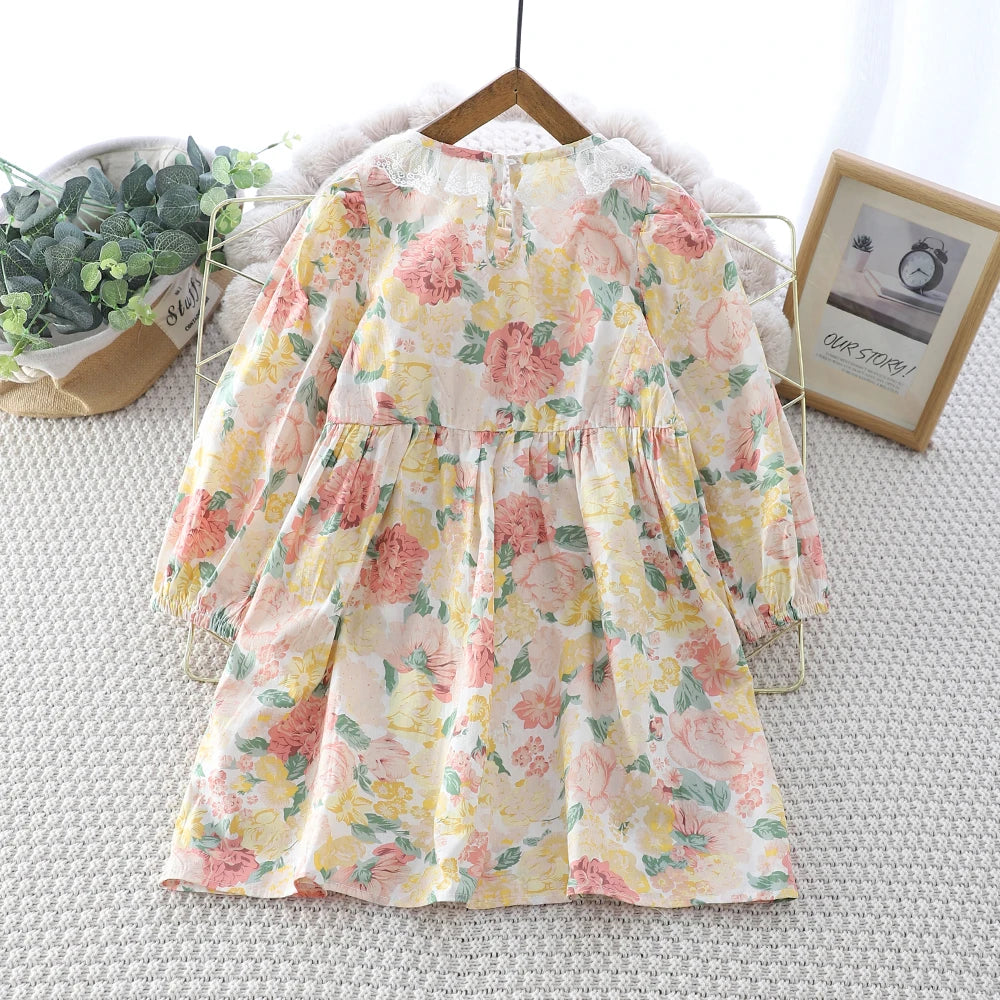 Kids Dresses for Girls Casual Lace-Trimmed Crewneck Long Sleeve Dress Children's Clothes