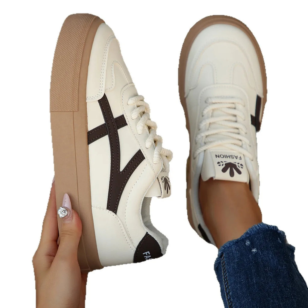 Women's Retro Running Shoes Thick Bottom Flat Laced Casual Sneakers Student Low Heel Round Toe PU Leather Spring Autumn