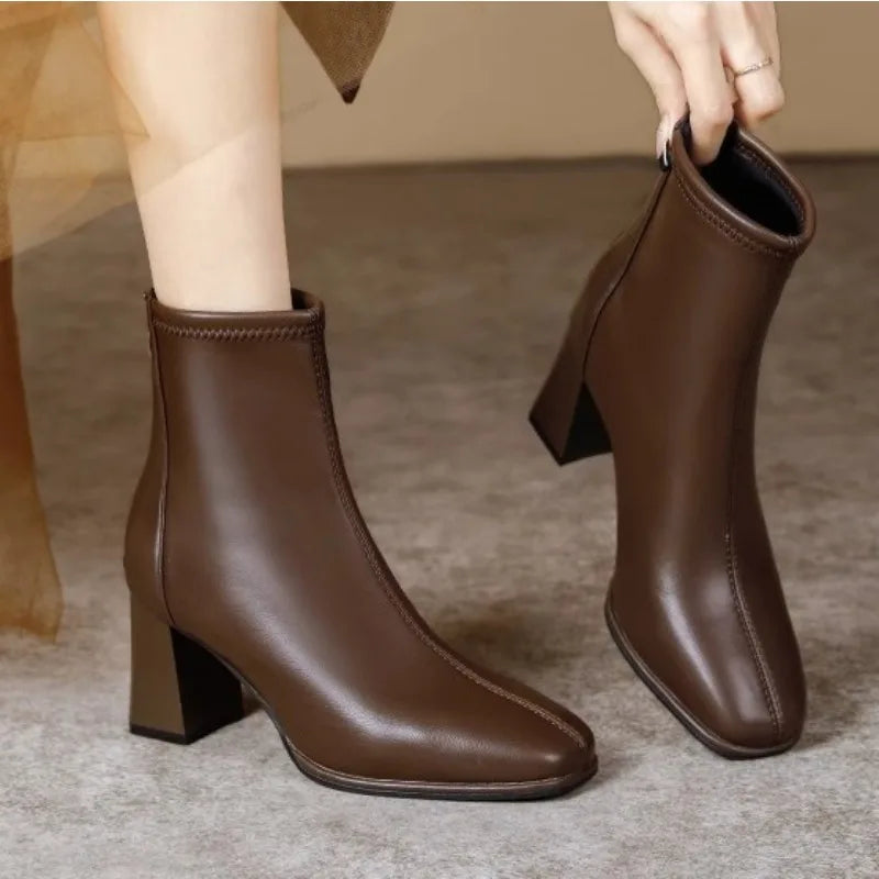 2026 New Women's  Ankle Boots Minimalist Pointed Toe Mid Heel Booties with Soft Leather & Side Zipper Slimming Fashion Boots