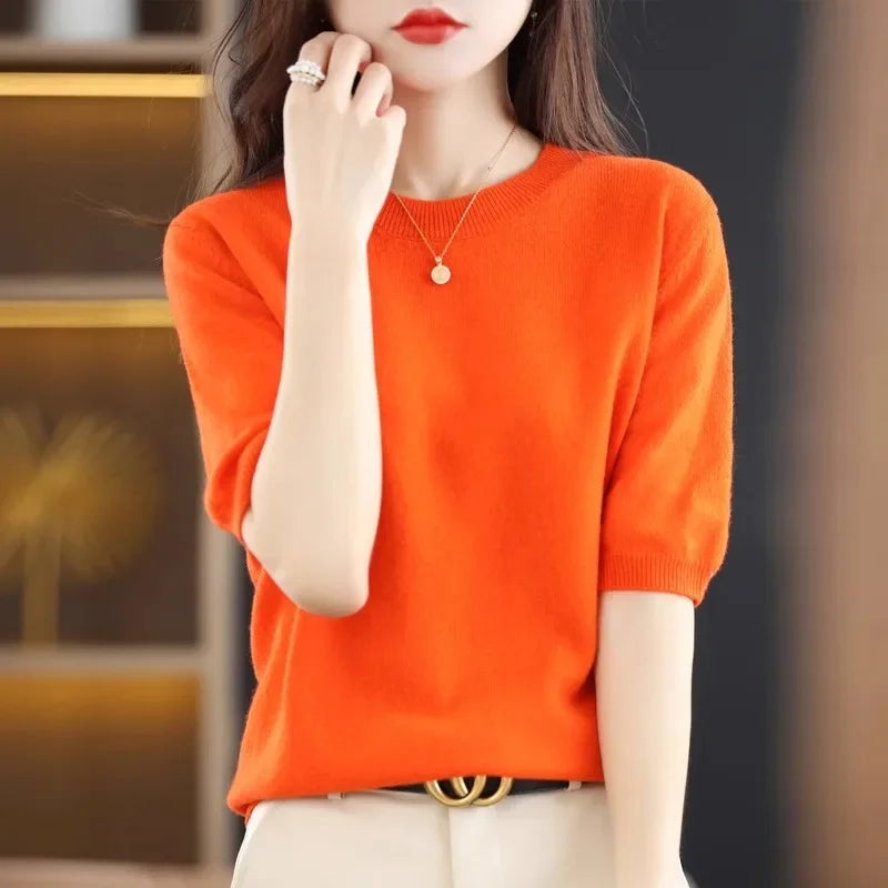 Spring Summer Women Sweaters Short Sleeves O-neck Bottoming Shirts Knitwear 2024 Summer Knit Tops Pullovers Korean Jumpers