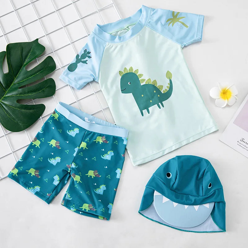 1-7Y Kids Boys Two-Piece Swimsuit Swimwear Toddler Bathing Suit Beachwear Shark Style Top Boyshort 3D Sunhat 3pcs/set Blue