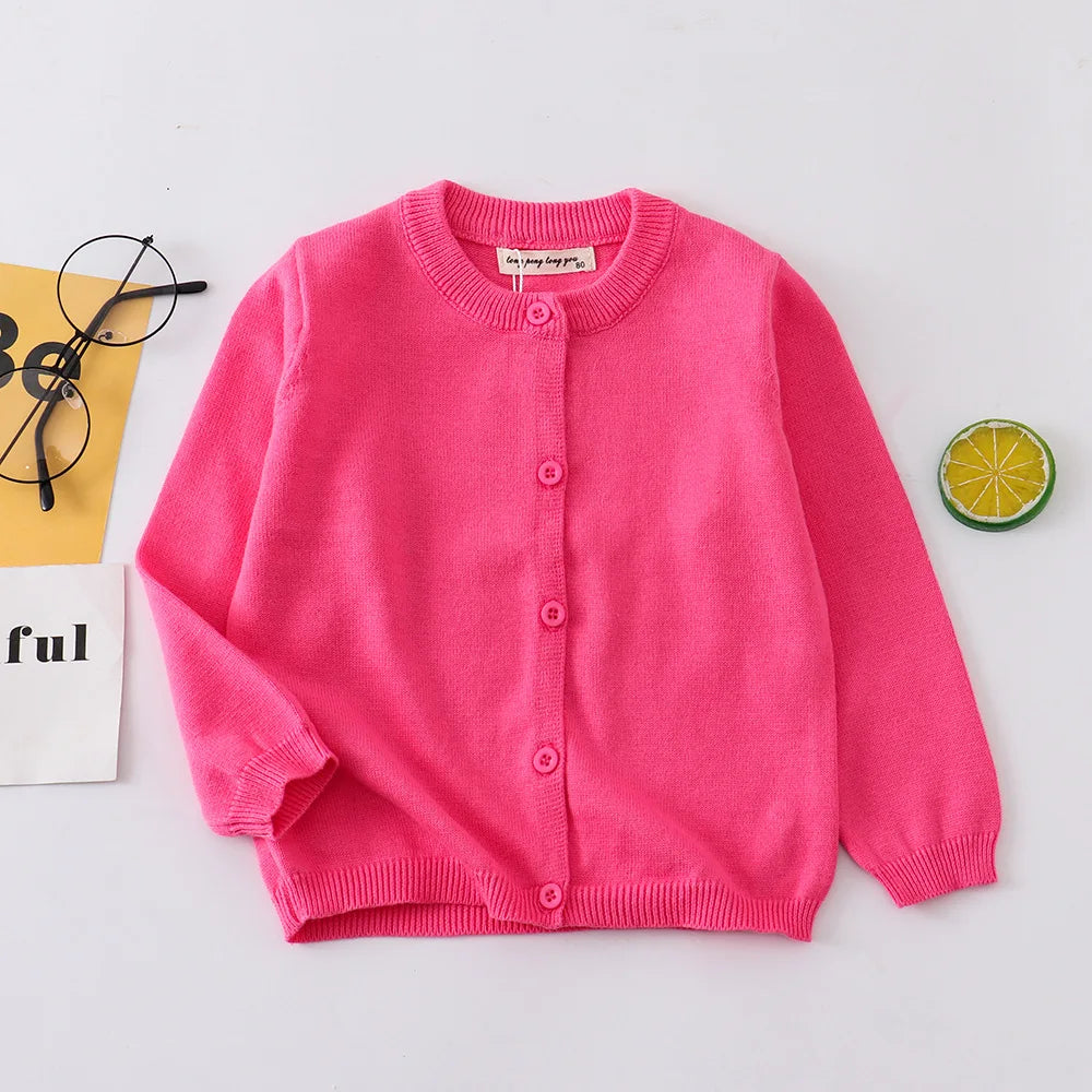 Spring Autumn New Boys Girls Sweater Solid Color Round Neck Single Breasted Design Knitted Coat For 1-8 Years Old Kids