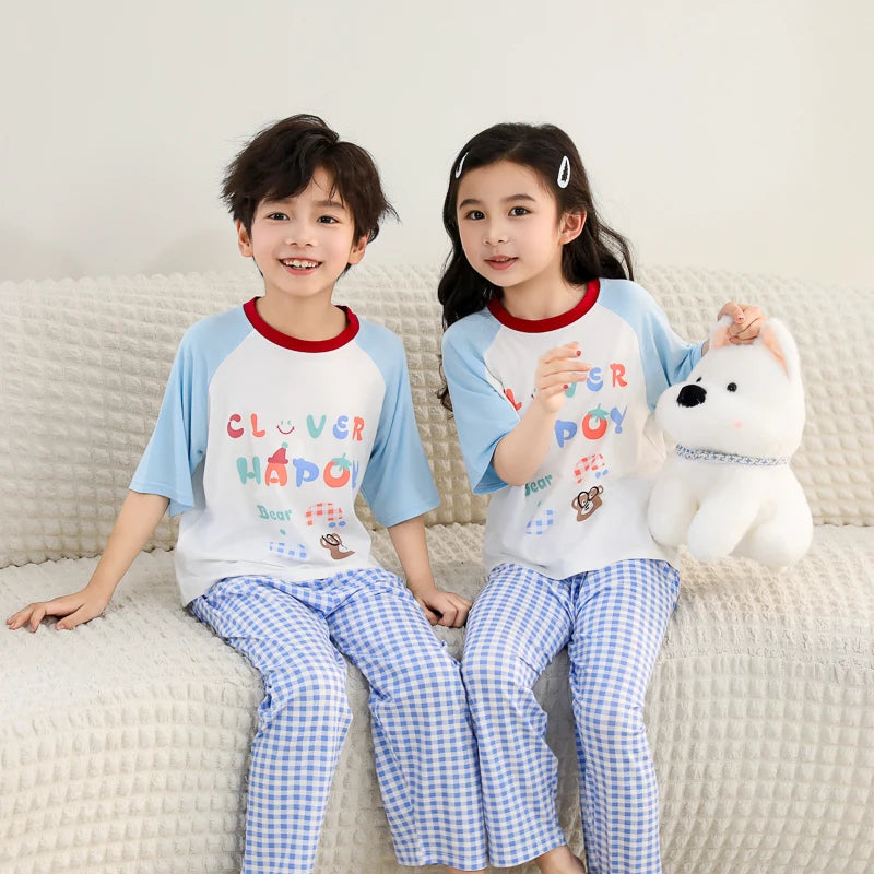 Kids Modal Pajamas Set, Short Sleeve Long Pants Cartoon Loungewear, Breathable Cool Soft Sleepwear For Boys Girls