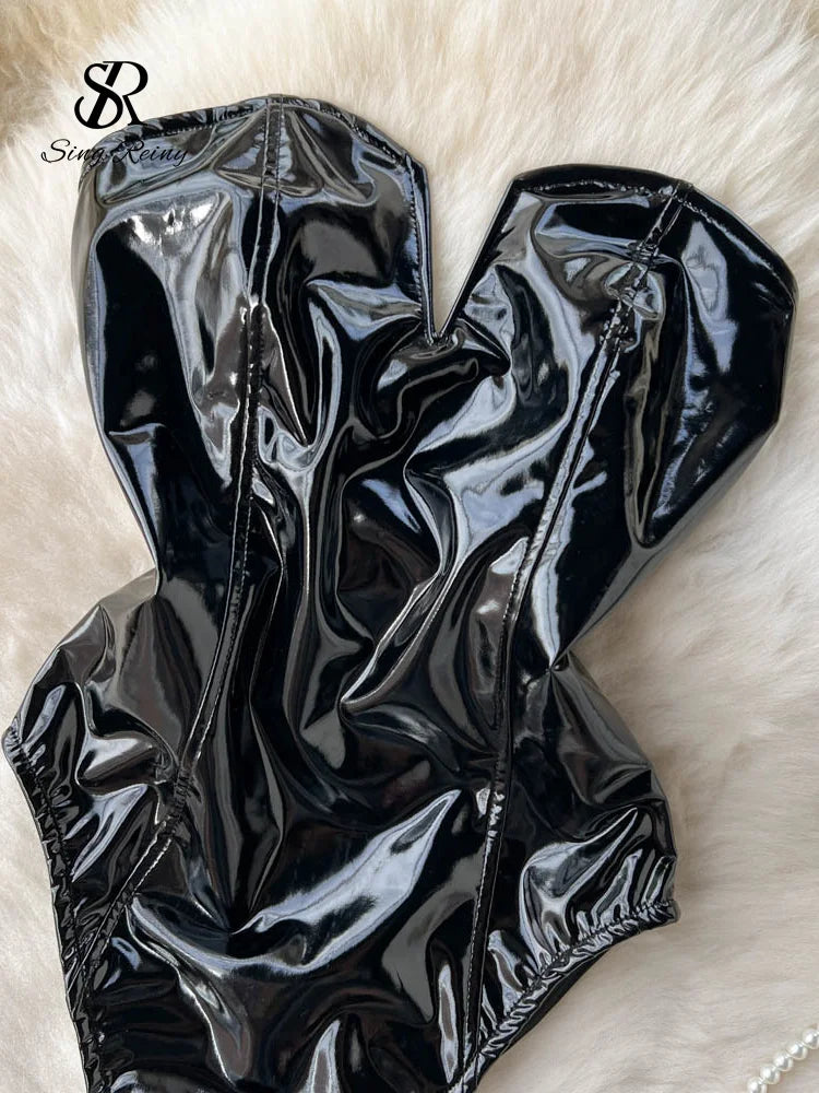 SINGREINY PU Leather Sexy Bodysuits Women Sleeveless Zipper Slim Rompers Summer Streetwear French Style Holidy Vintage Palysuits