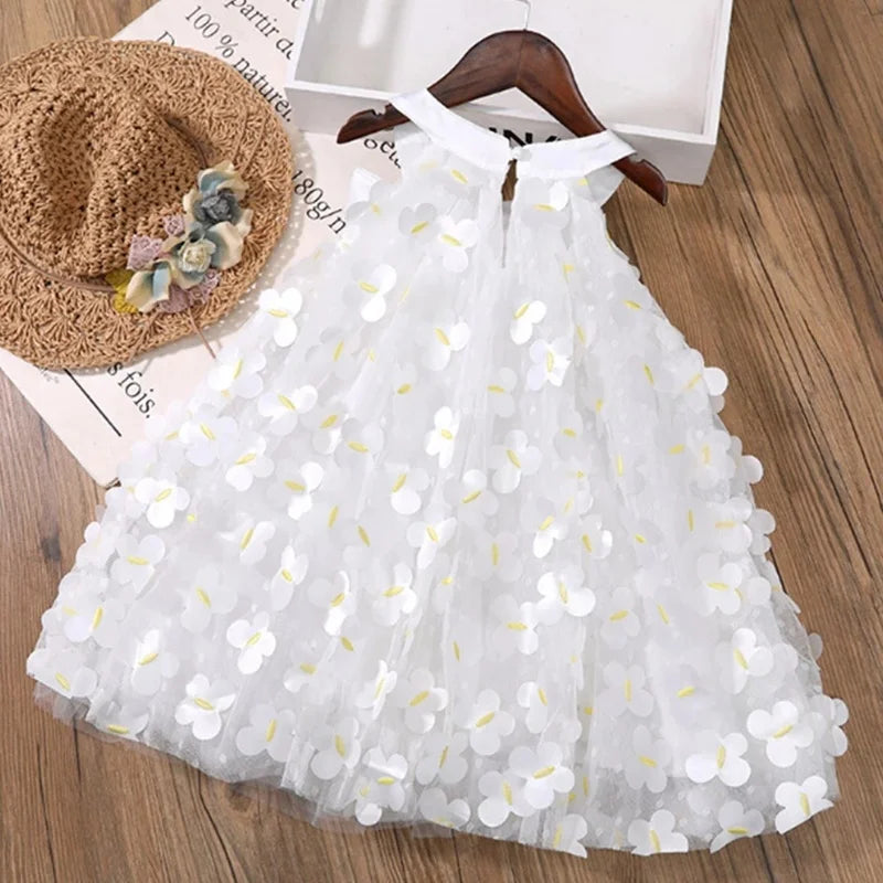 Summer Toddler Dresses Cute Flower Princess Dress Female Baby Butterfly Appliques Dress Children Mesh Bow Kids White Costume