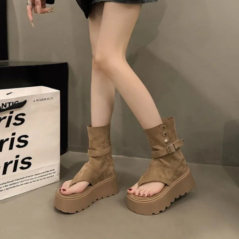 Fashionable Platform Boots for Women 2025 Summer New Trend Height Increasing Roman Short Boots Heeled Sandals Botas Para Mujer