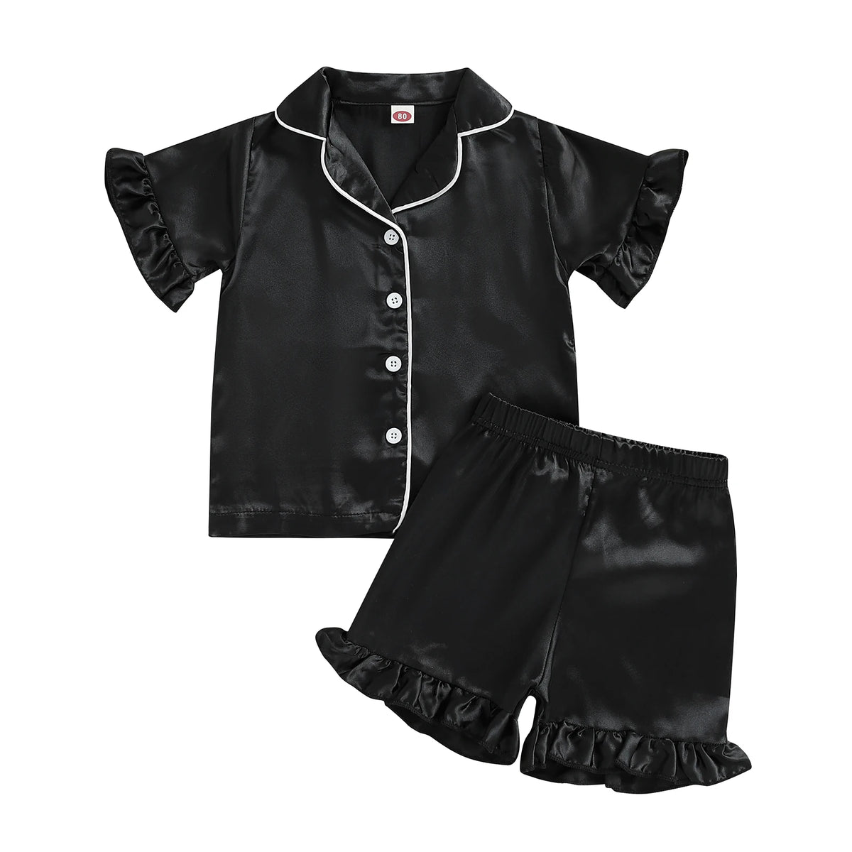 Toddler Girls Pajamas Sets Fashionable Ruffled Lapel V Neck Short Sleeve Tops with Solid Color Shorts 2Pcs Sleepwear