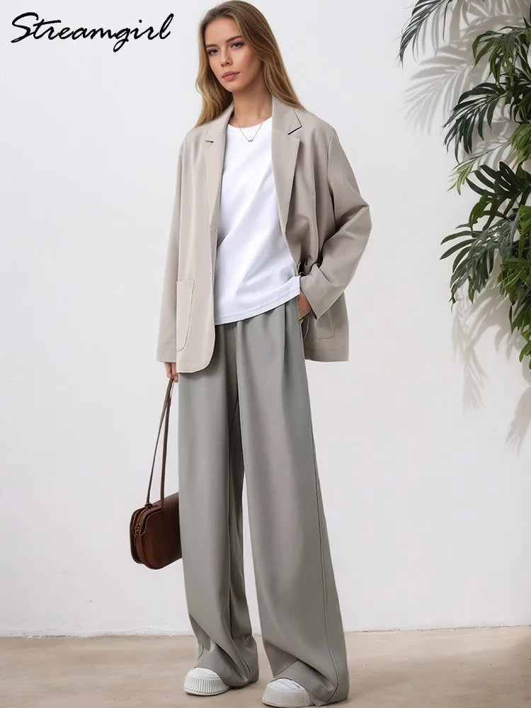 Women Wide Leg Pants Formal Gray Long Office Wear Pants Ladies Spring Straight Leg Black Work Trousers For Women Office Summer