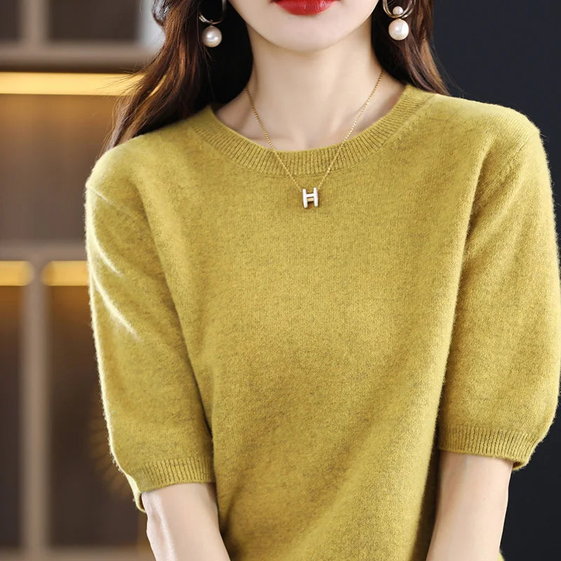 2025 New Spring Summer Women Sweater Short Sleeve O-Neck Pullover 100% Merino Wool Pure Color Knitted Jumper Female Clothing