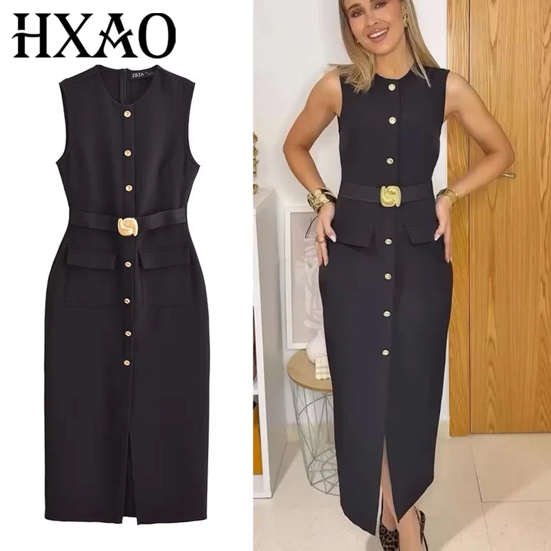 HXAO Women's Black Dress Summer 2025 Sleeveless Elegant Formal Dresses For Women Belt Vest Long Dress Button Casual Dresses