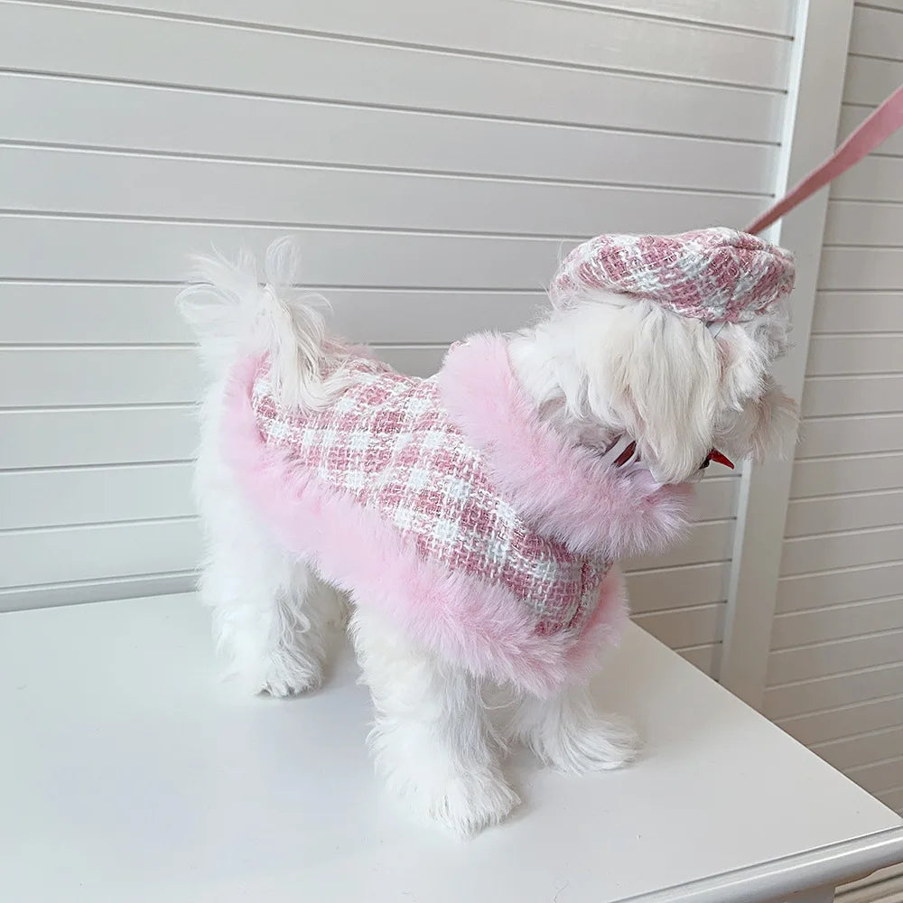Ins Pet Plaid Woolen Dogs Coat Cloak Pet Supplies  Princess Dog Clothes  Dog Harnesses With Rope For Small Dog