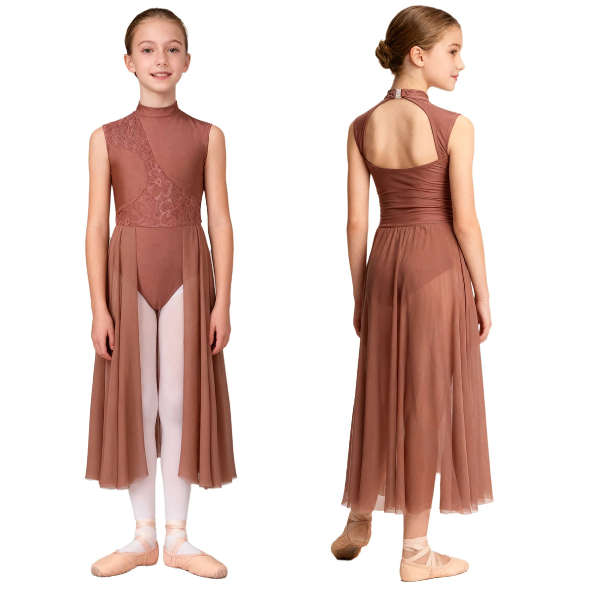Kids Girls Floral Lace Patchwork Lyrical Ballet Dance Dresses Cutout Back Leotard Dress Dancewear Stage Performance Costume