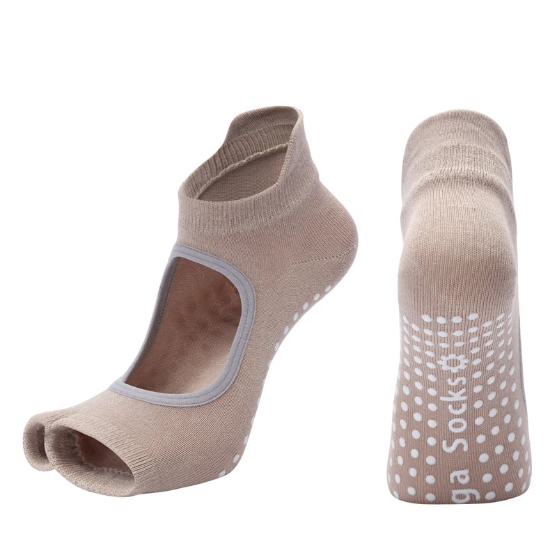 Women Two Toe Backless Yoga Socks Non-Slip Fitness Workout Pilates   Sock Ladies Breathable Sports Ballet Dance Slippers for Gym