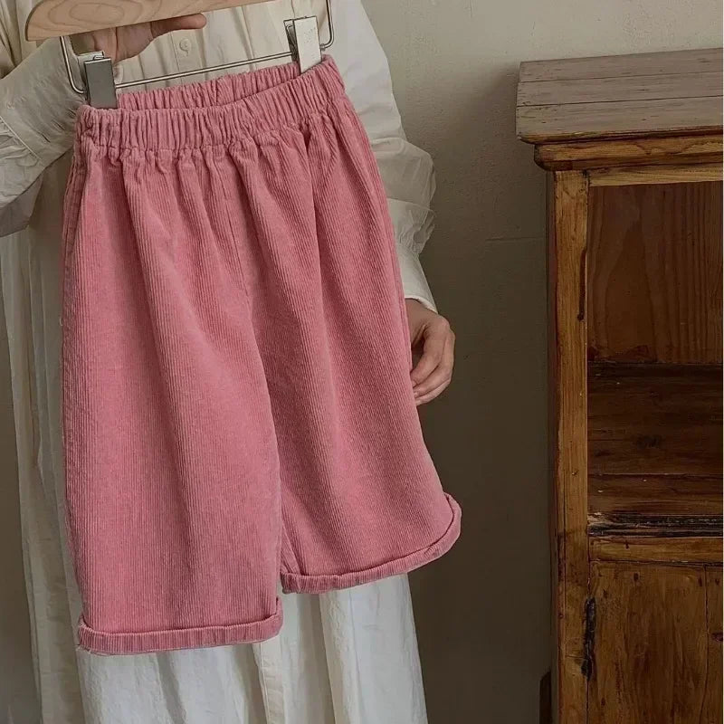 Children Clothing Kids Casual Pants Spring Autumn 2026 New Korean Style Solid Color Loose Simple Wide Leg Girls Corduroy Pants