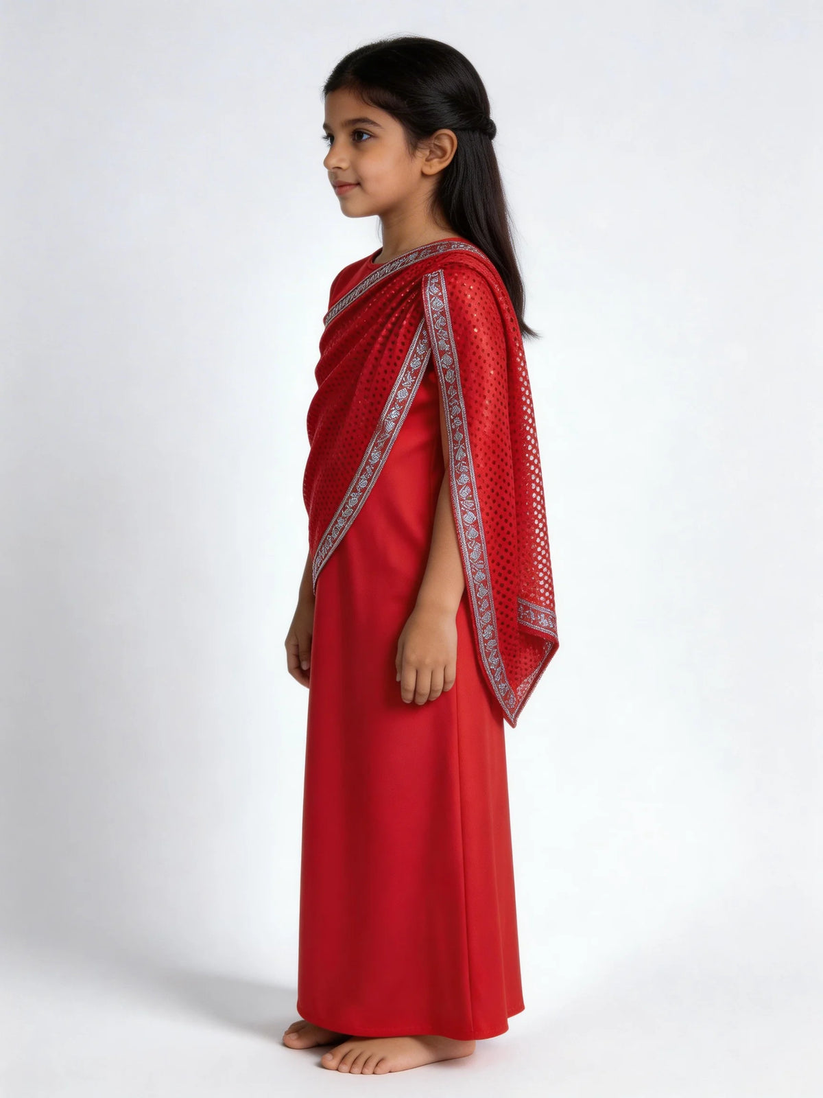 Kids Red Indian Traditional Saree Dress Girls Sequin Ethnic Gown Children Performance Costume for Diwali Wedding Festival Stage