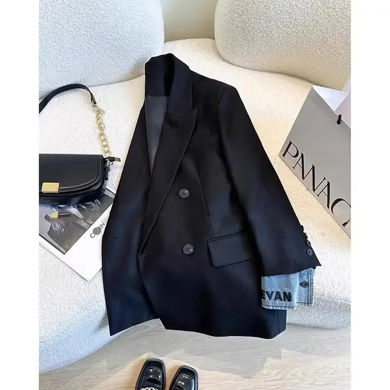 Korean Fashion Clothing High end Black Suit Jacket for Women Autumn American Casual Loose Splicing Commuter Blazers Women Top