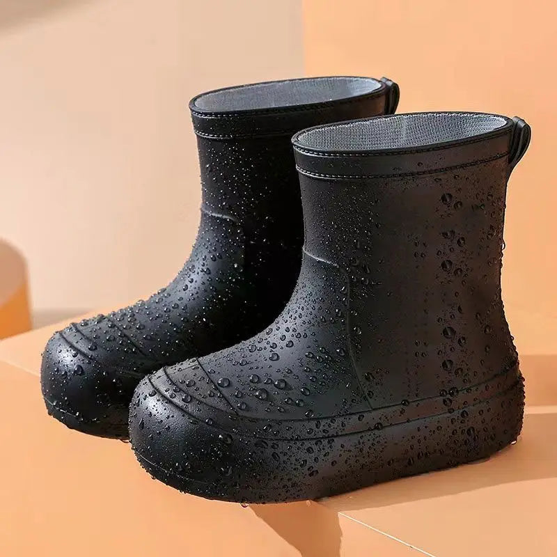 Children Cute Cartoon Rain Boots Solid Color Minimalist Non Slip Waterproof Outdoor Shoes Soft Sole Rubber Footwear New Arrival