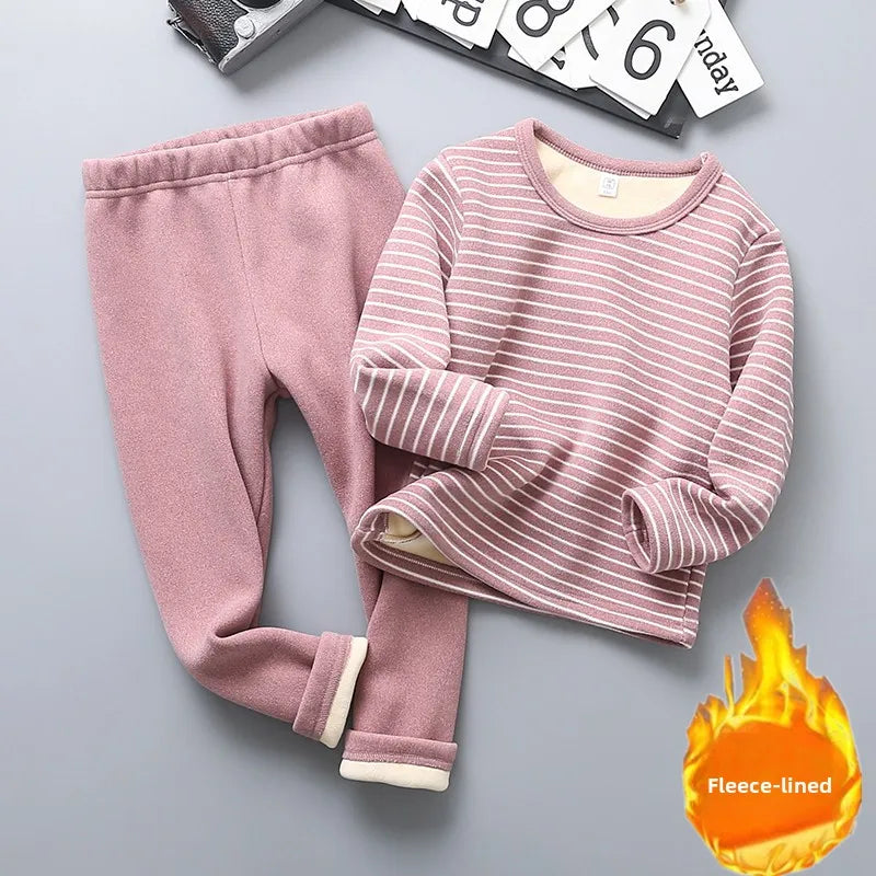 Kids Thermal Underwear Set Fleece Lined Winter Pajamas Boys Girls Warm Two Piece Outfit