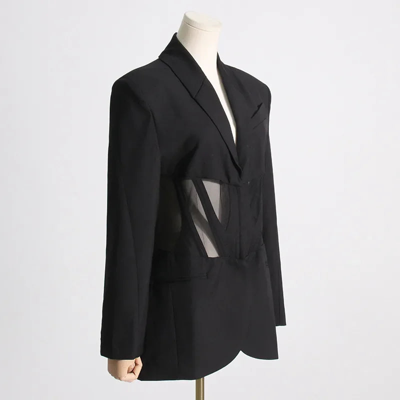 Women's Casual Fishbone Blazers, Long Sleeve, Loose Coats, Autumn Slim-Fit, See-through Outerwear, Korean Style