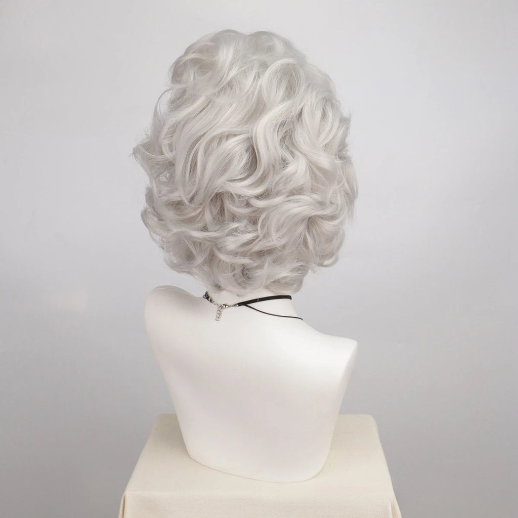Old Lady Wig for Women Gray Wigs for Women Grandma Wig with Bangs Short Curly Synthetic Hair Halloween School Party Use