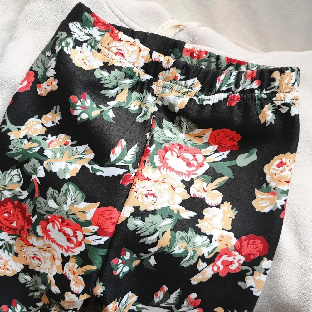 Floral Print Autumn Winter Velvet Warm Kids Pants for Girls Leggings