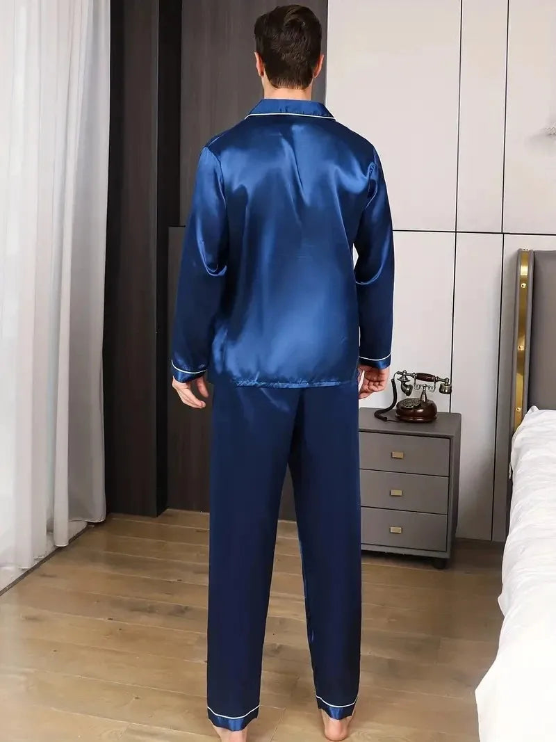 New Men Pajamas Set Silk Satin Sleepwear For Man Shirt Long Sleeve Pijama Male Fashion Soft Loungewear Big Size Spring Nightwear