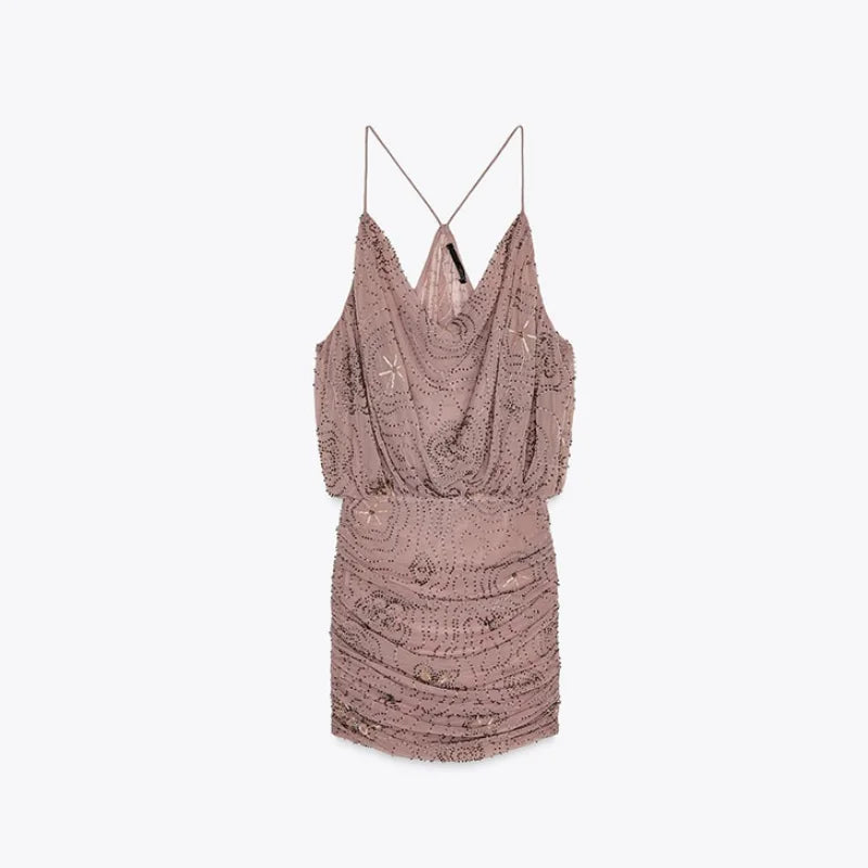 Bead Embroidery Sequin Ruffle Women Dress Sleeveless Backless Strap Sexy Evening Dresses 2025 Summer Party Holiday Street Robe