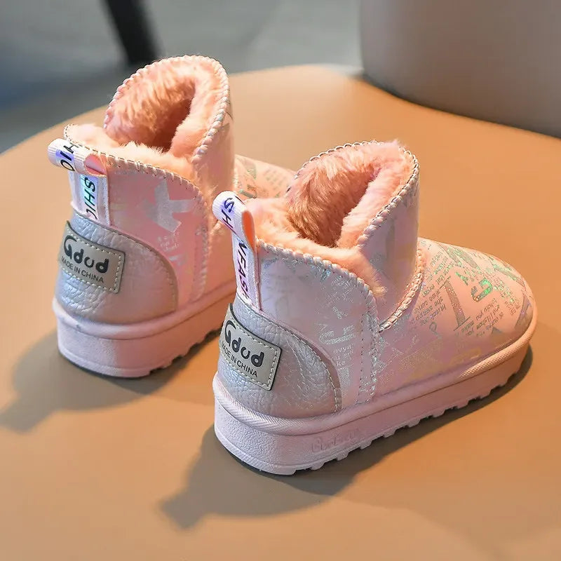 Children's Waterproof Non-slip Leather Boots Stylish and Shiny Kids Winter Fur Warm Shoes Girls' Plush and Thickened Snow Boots