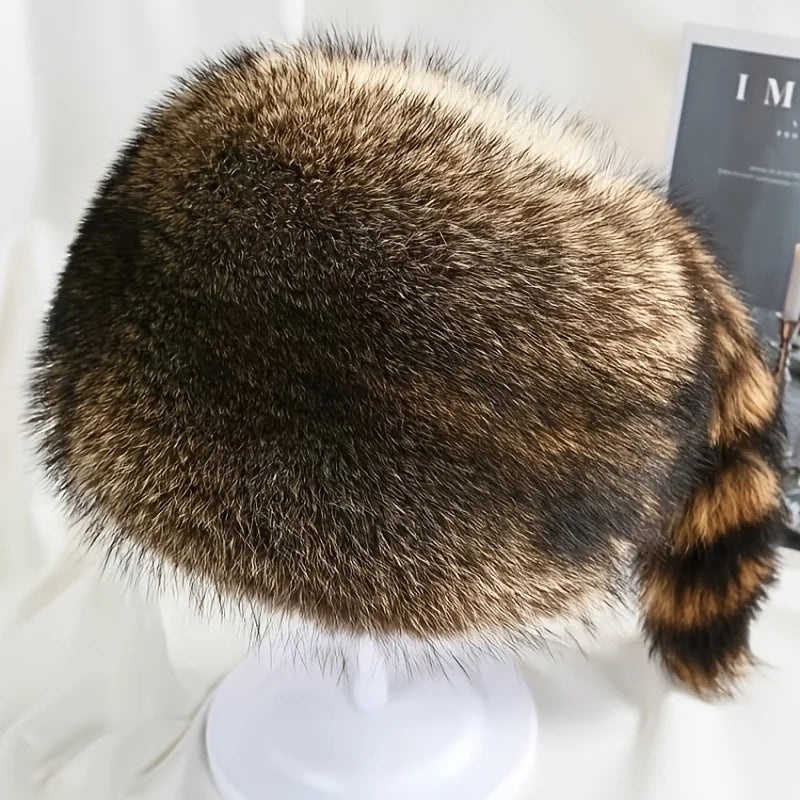 A Winter Hat for Women Made of Comfortable Faux Fur with Raccoon Tail - Thick and Warm Polyester Fiber, Perfect for Daily Wear and Outdoor Activities. Autumn and Winter Warm Hat