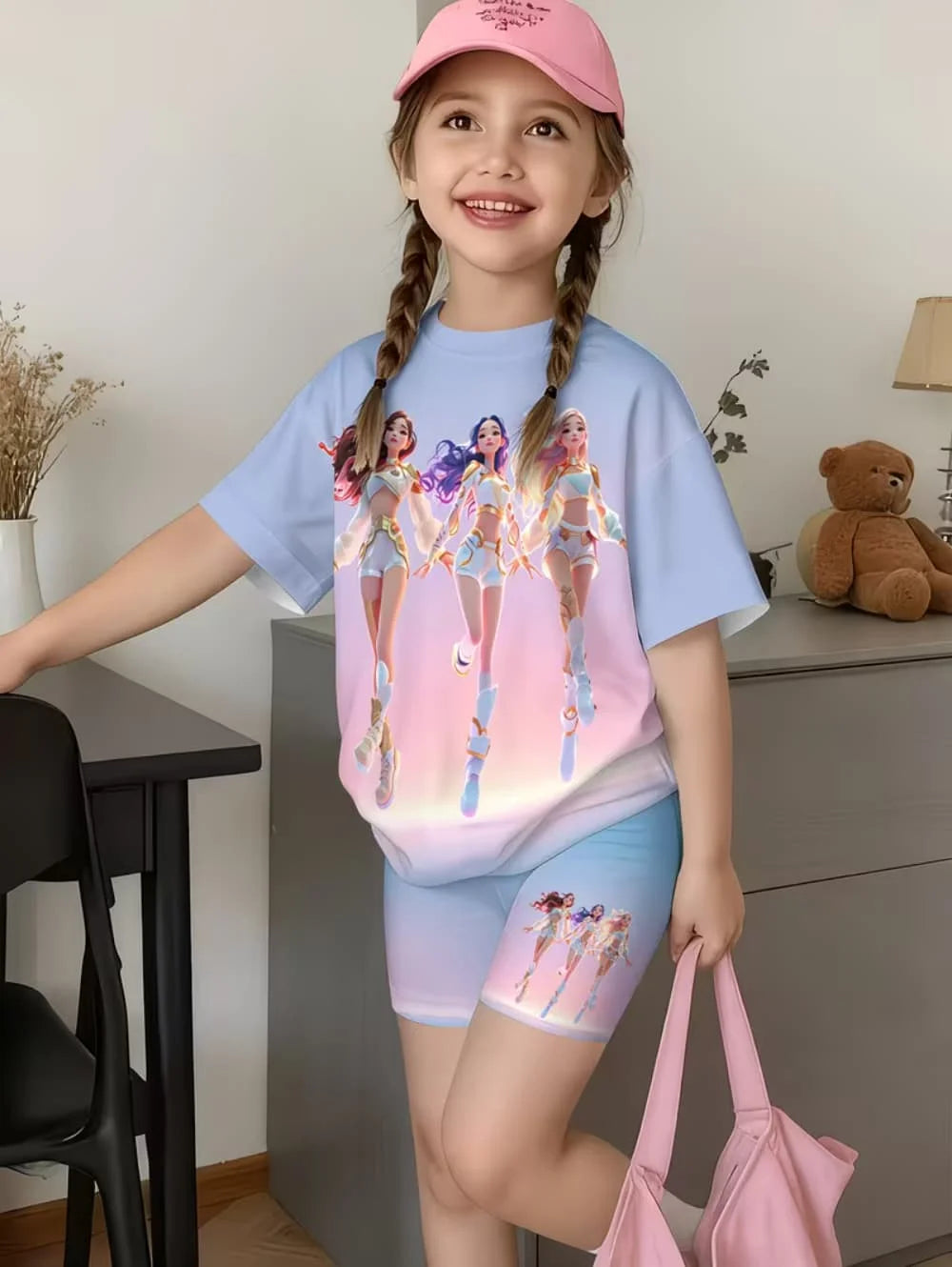 Kpop Cartoon Print Pajamas Sets Kids T-Shirts Funny Gift Harajuku Kids Short Summer Tops Short Sleeve Sets Children's Clothing