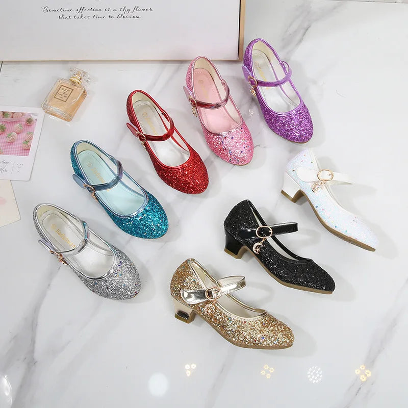 ULKNN Kids High Heel Shoes Girls Leather Shoes Flower Casual Pink Glitter Children 2026 Girls Shoes Butterfly Knot size 26-38