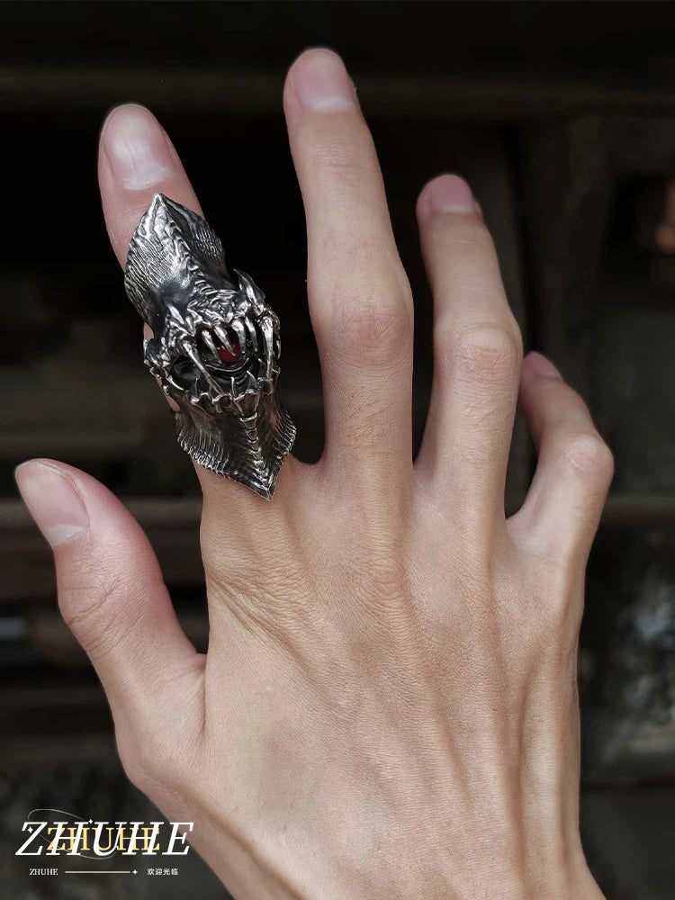 Jewelry Accessories Men Women Copper Material Demon Teeth Gothic Ring, Bold Statement Armor Style, Red Stone Eye, Textured Surfa