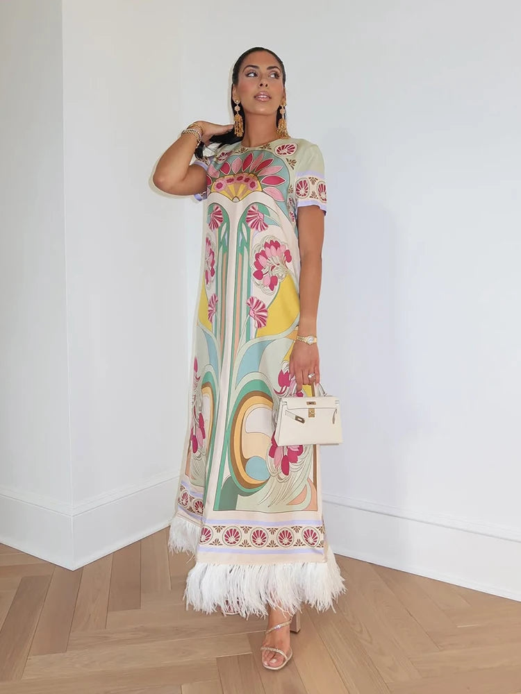 Women Art Floral Print Feather Hem Maxi Dress Crew Neck Short Sleeve Loose Fit Dresses 2026 Summer Fashion Elegant Lady Vestidos