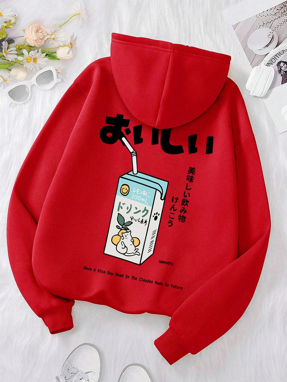 Kawaii Japanese Harajuku Cat Print Hoodie Men Women Fashion Loose Hoody O-Neck Casual New Sweatshirt Pocket Fleece Couple Hoody
