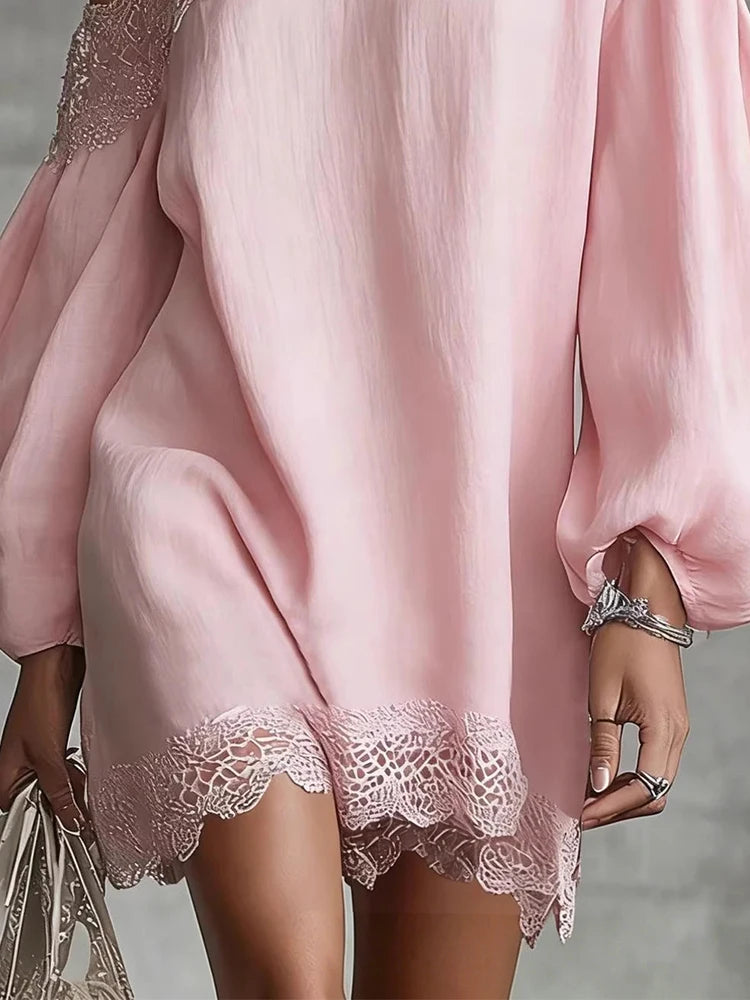 Elegant Lace Trim Mini Dress For Women Off Shoulder Long Puff Sleeves Fashion Date Night Evening Short Dresses Vestidos